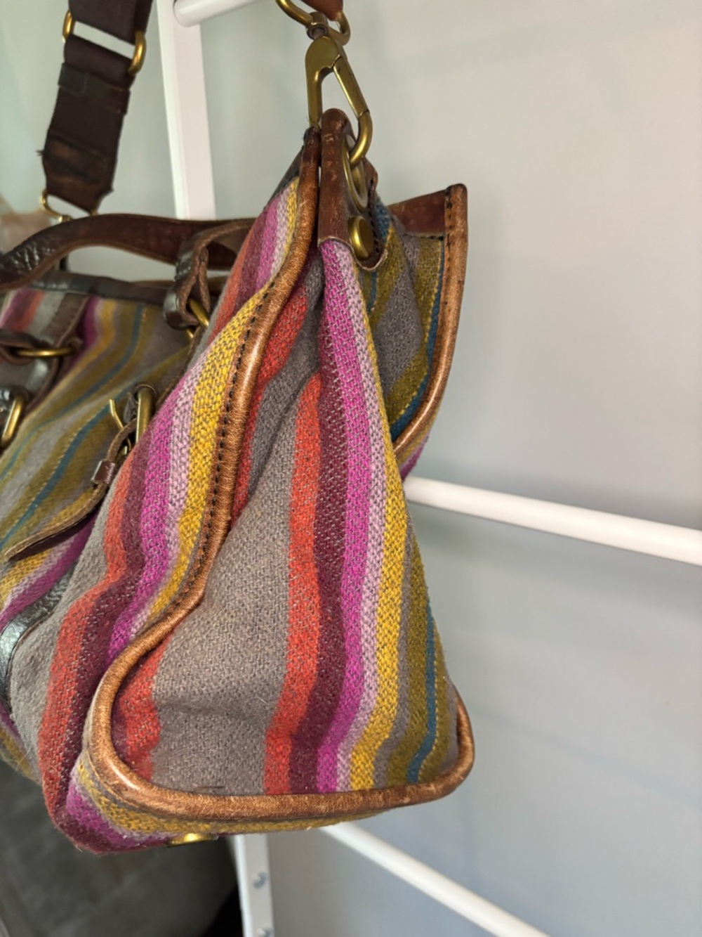 Vintage Fossil Striped Fabric Crossbody with Brown Leather Trim - Picture 8 of 16
